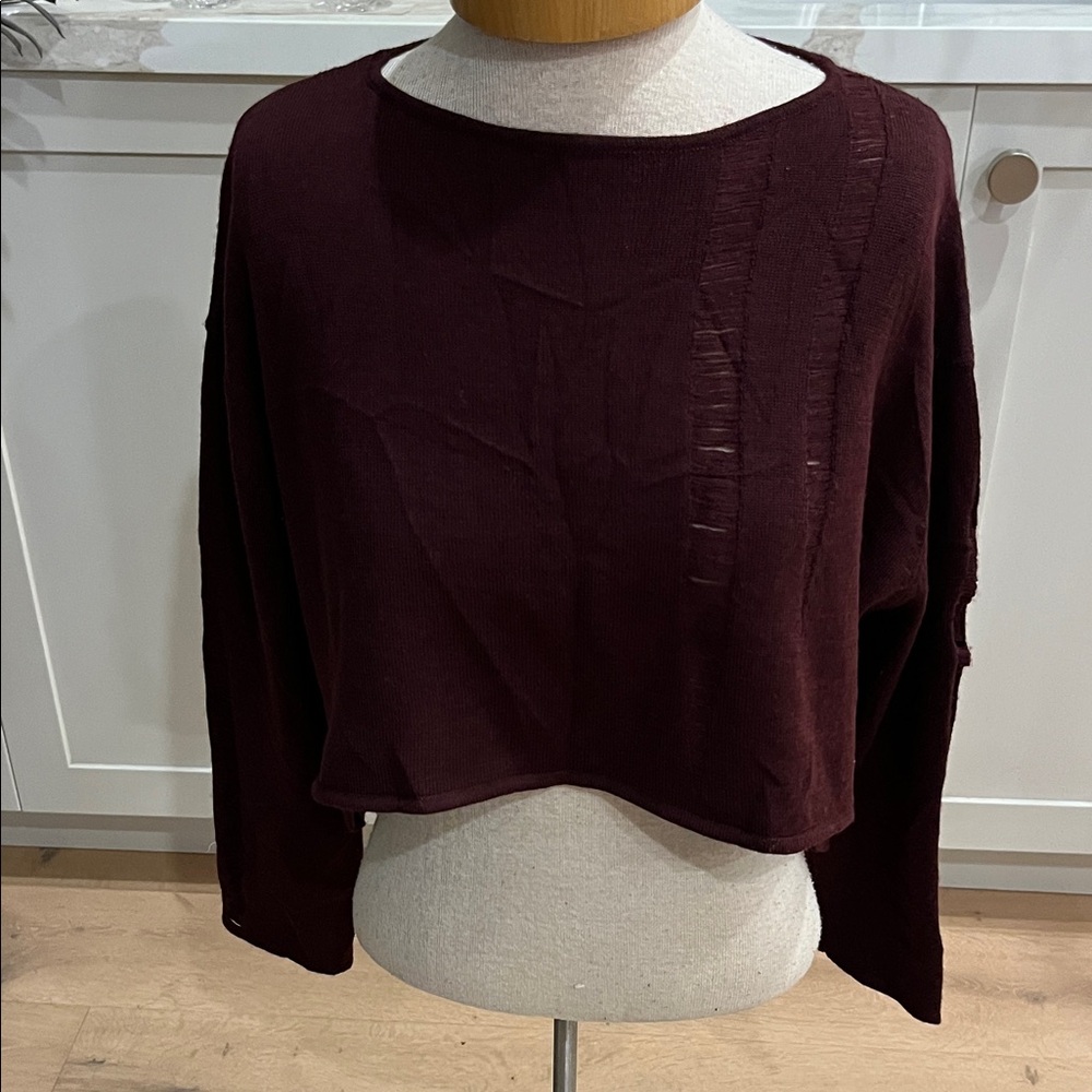 Animale Burgundy Distressed shark bite hem wool blend sweater